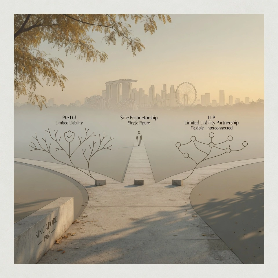 A calm, minimalist illustration showing three branching paths representing Pte Ltd, Sole Proprietorship, and LLP, with subtle Singapore skyline elements in the background and icons for liability, credibility, and flexibility. Soft neutral tones with clean lines.