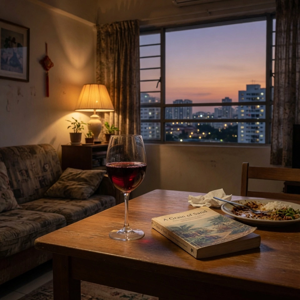 Quiet evening moment with a glass of red wine in a Singapore home, evoking daily rituals and small pleasures.