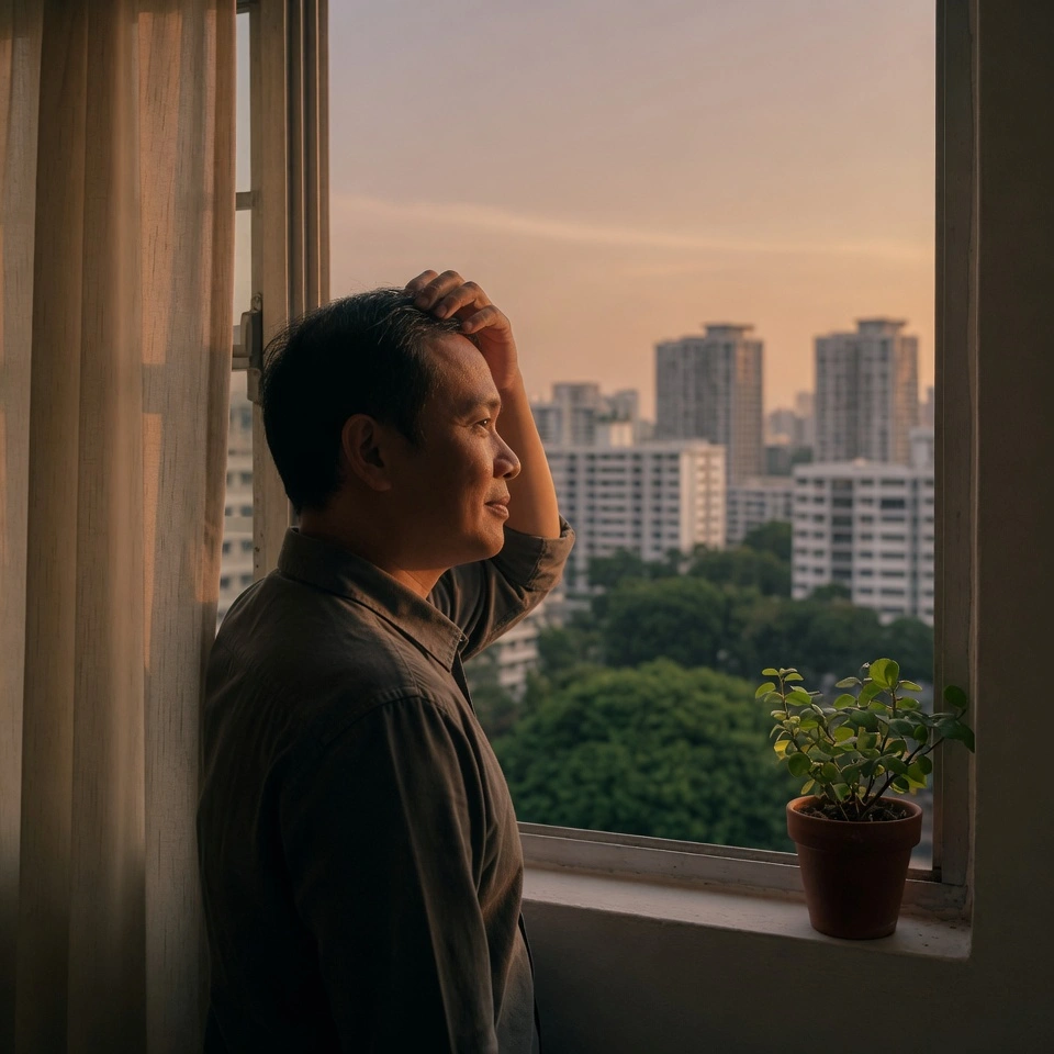 A man in his mid-30s stands reflectively by the window of his HDB flat at dusk, looking out at the Singapore skyline with a calm expression.
