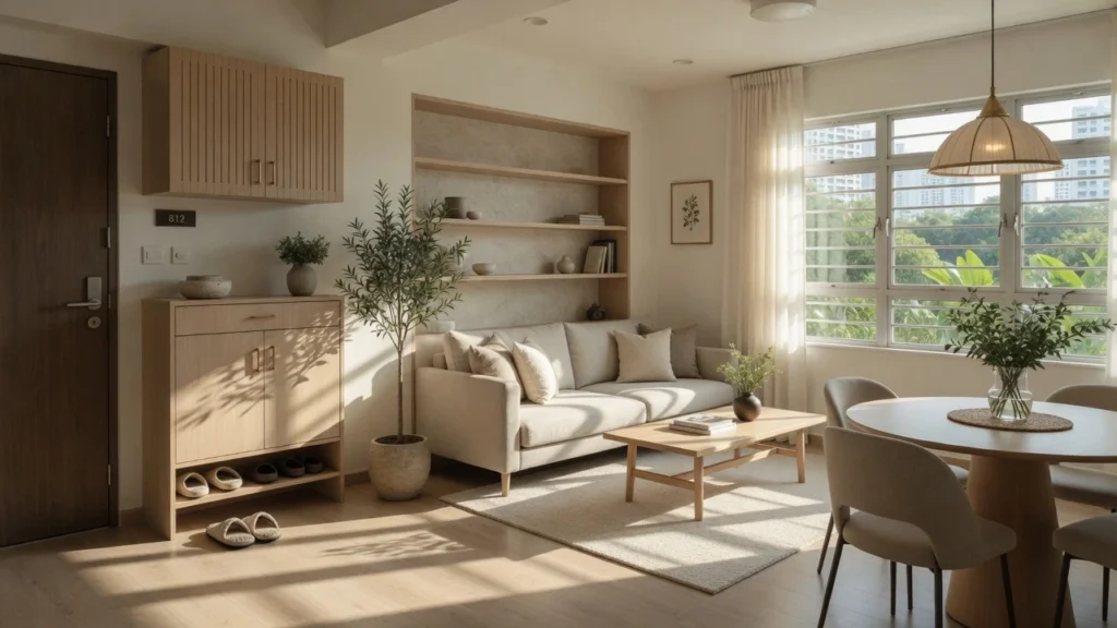Light and airy Singapore HDB interior by Swiss Interior featuring Scandinavian-Japandi influences, natural materials like wood and stone, subtle metal accents, and thoughtful storage solutions designed around daily routines.