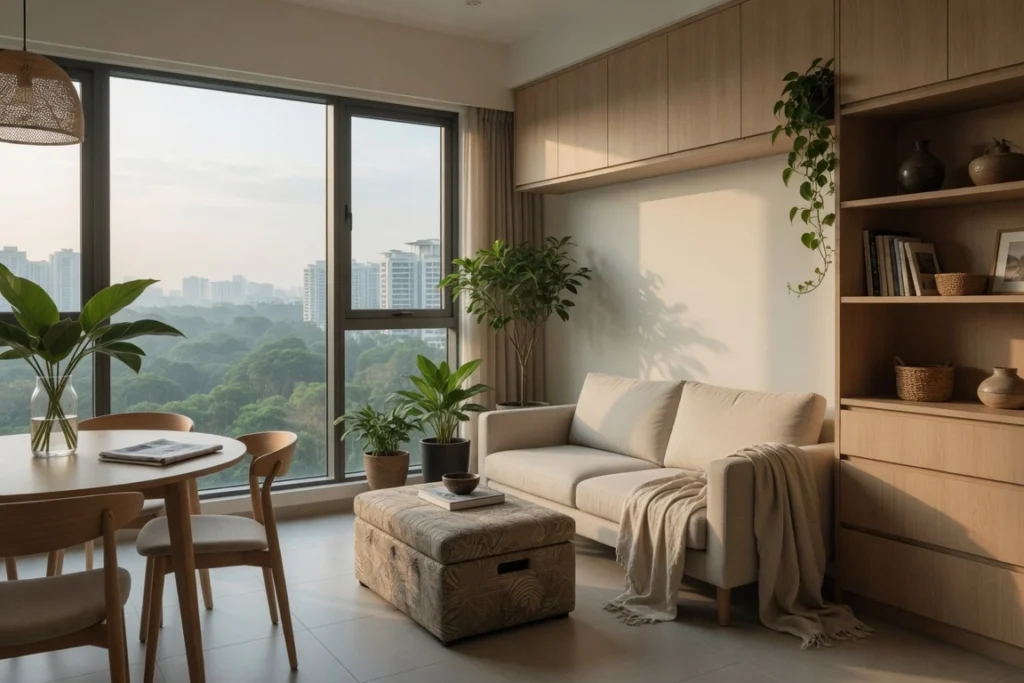 Compact Singapore condo living and dining area with open-concept layout, built-in light oak cabinetry and soft natural light