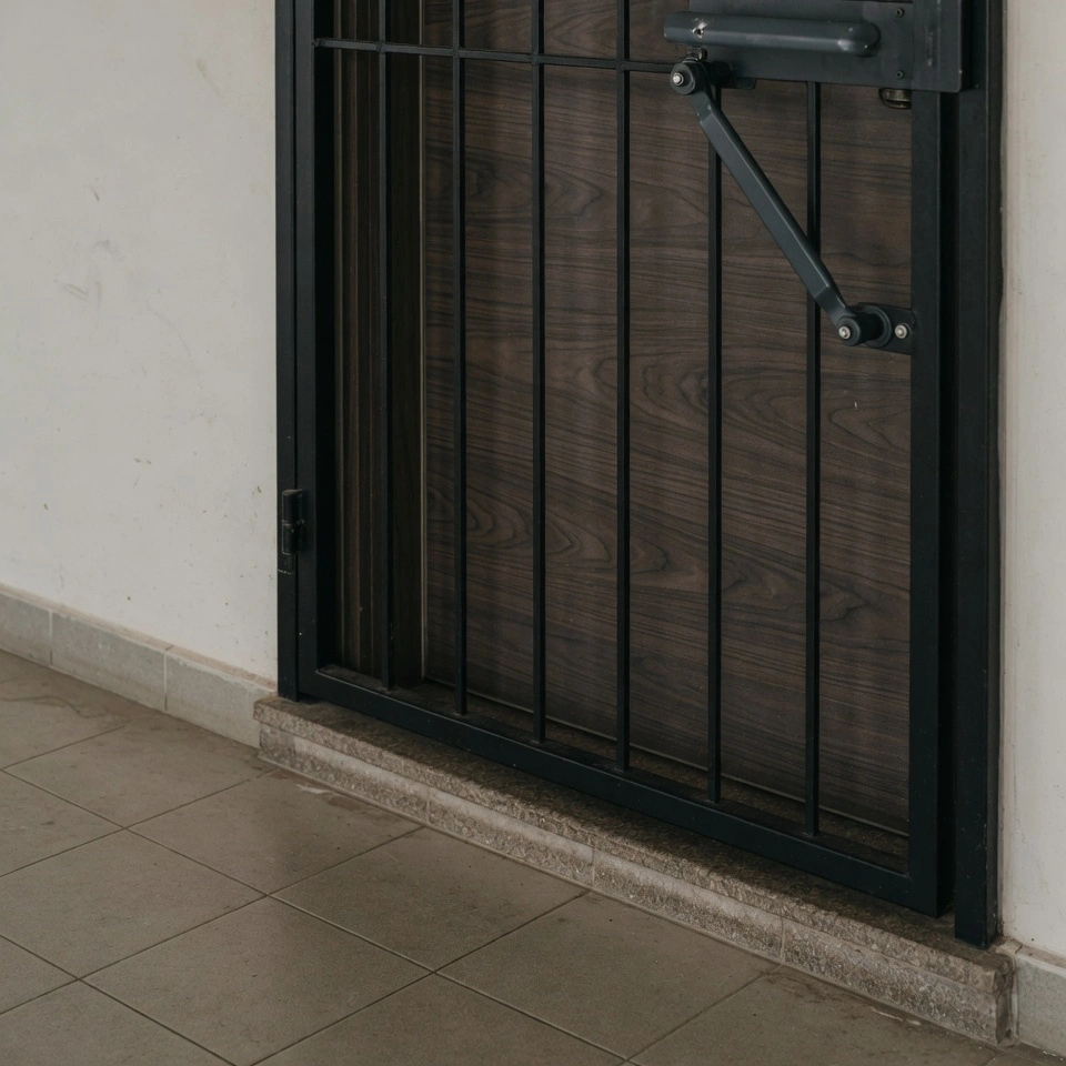 Close-up of a dark laminate HDB main door and black aluminium gate focusing on the door closer, threshold and seal