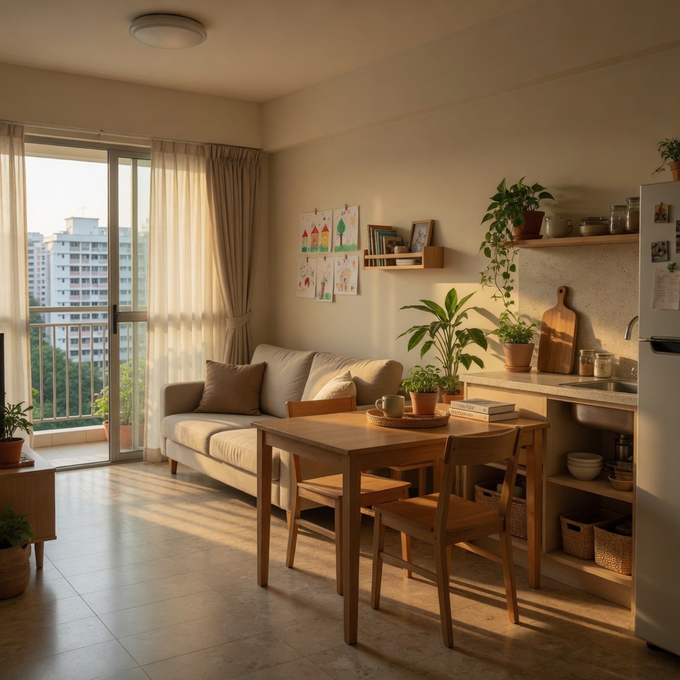 Modern HDB open-concept living and kitchen area showing increased sense of space after removing a partition