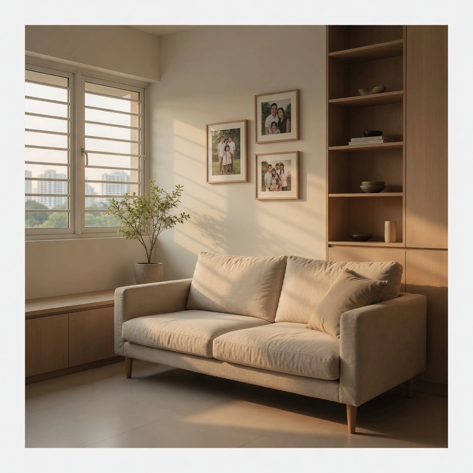 A serene Singapore HDB living room with natural light, breathable fabrics, and personal touches, showing thoughtful design suited to compact and humid homes.