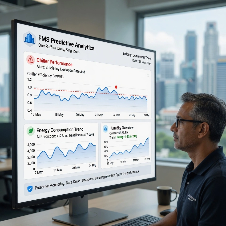 Facilities team monitoring predictive analytics dashboard for building systems in Singapore, highlighting the shift to intelligent facility management.