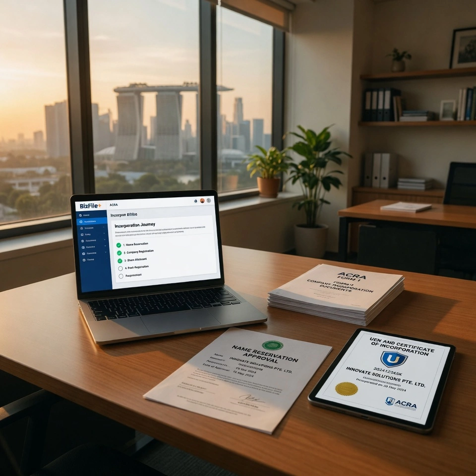 Photorealistic view of a calm modern Singapore office desk at golden hour, with documents, laptop showing BizFile+, and elements representing the company incorporation process leading to UEN issuance. Orderly and reflective atmosphere.
