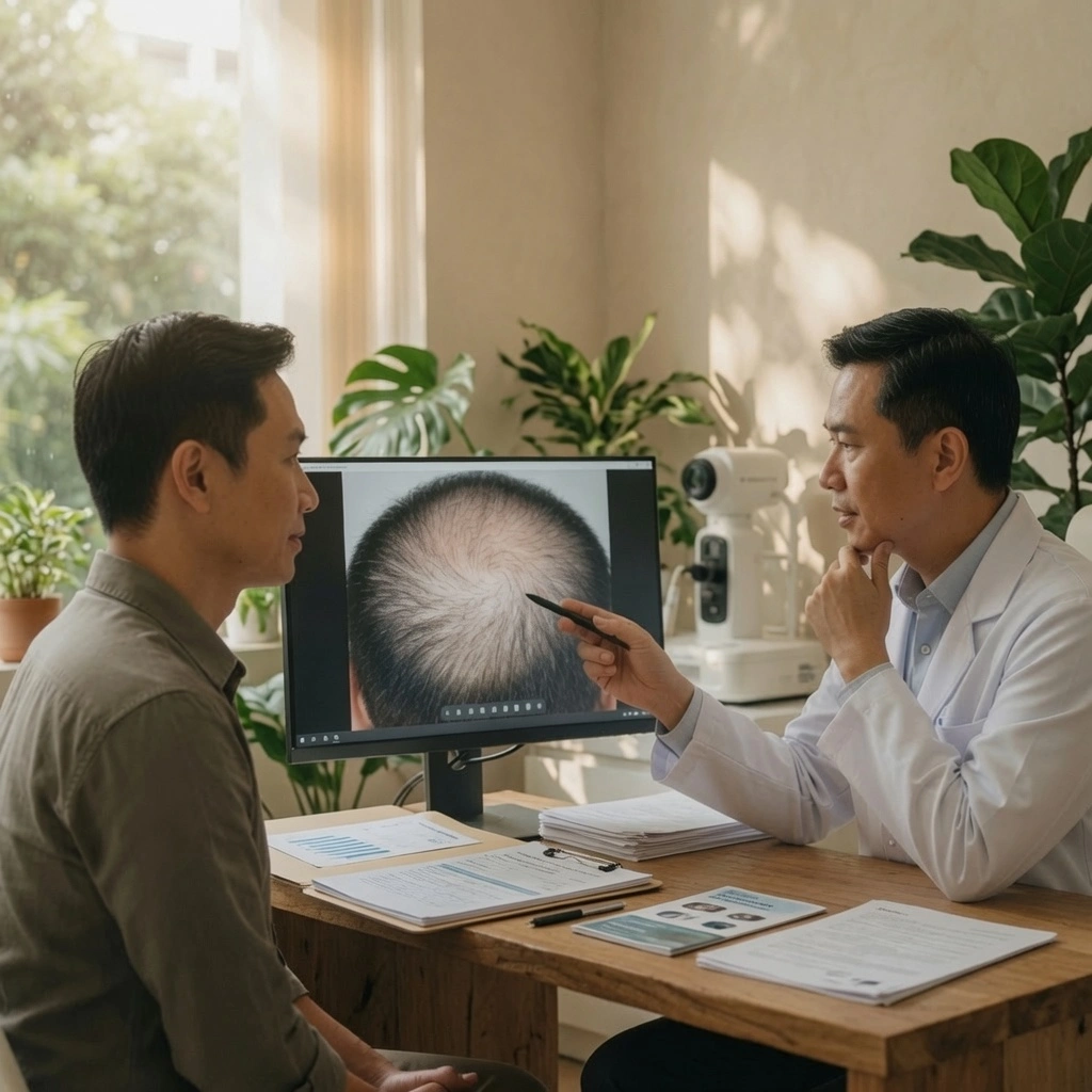 A man in consultation with a dermatologist in a Singapore clinic, reviewing scalp assessment results in a calm, professional setting.