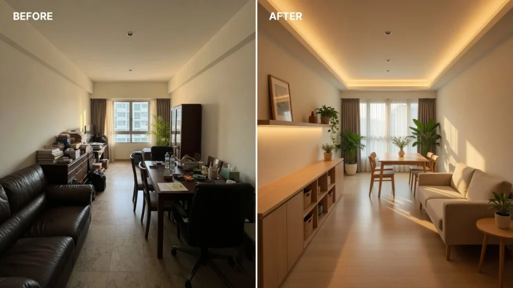 Before and after view of a narrow Singapore condo living area redesigned with clever spatial rearrangements for better flow and usability, showing how thoughtful interior design can create a greater sense of space in compact homes.