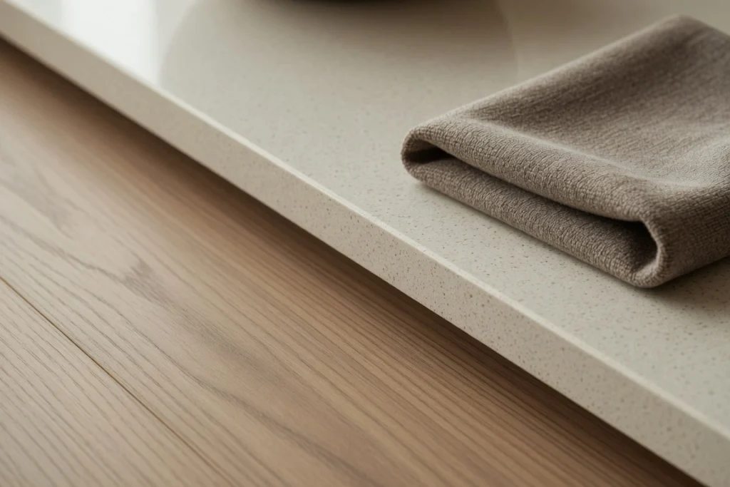 Close-up of engineered wood flooring, quartz surface and soft moisture-resistant fabric in a Singapore condo interior