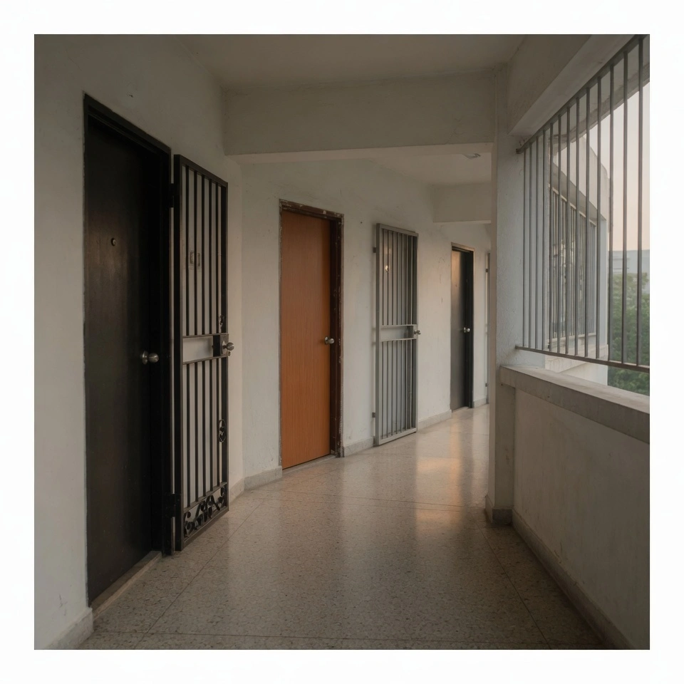 Softly lit HDB corridor showing several main doors and gates with different finishes receding into the distance