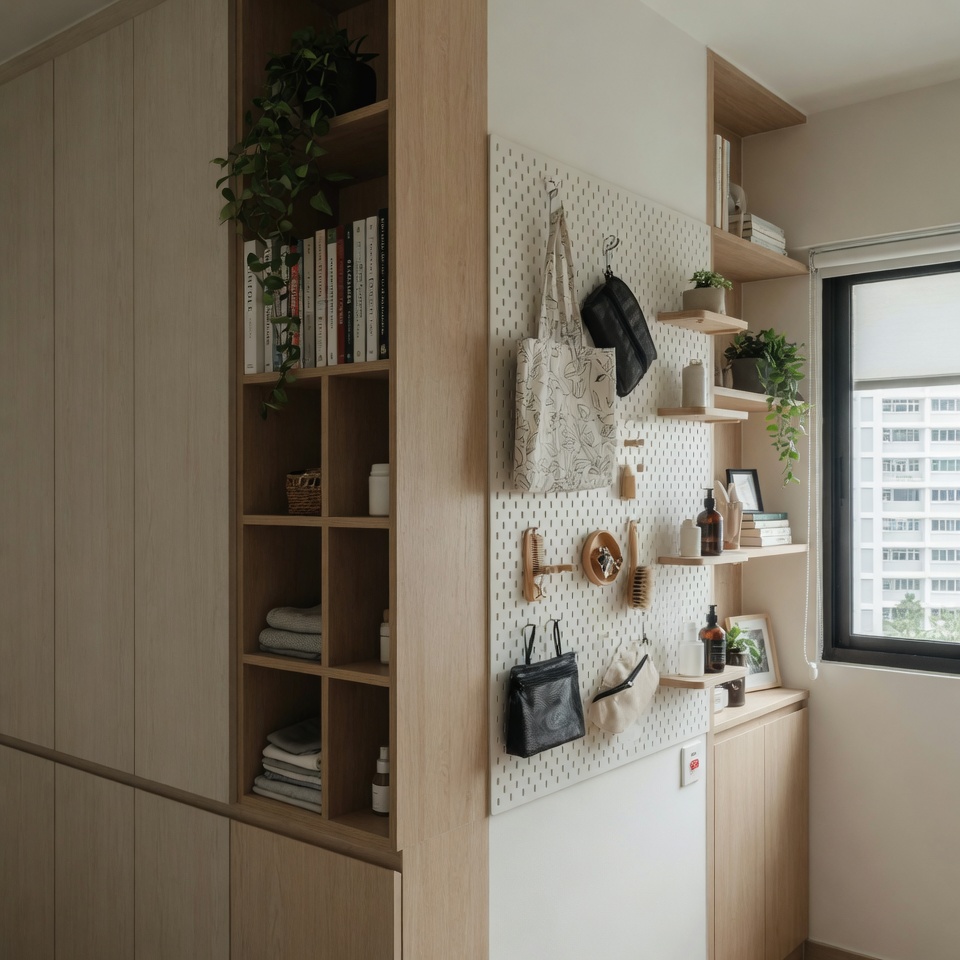 Vertical storage solutions including shelves and pegboard in a small HDB flat interior