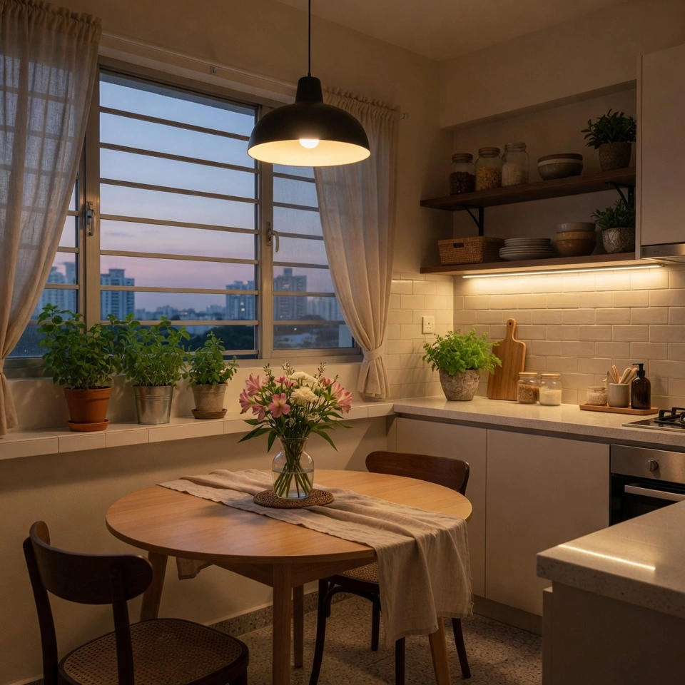 Everyday Singapore HDB kitchen and dining area with practical, humidity-friendly design, warm lighting, and personal touches that support daily family life.