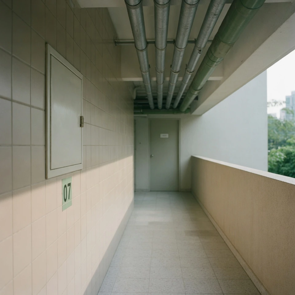 Quiet service corridor in a Singapore HDB block, showing the hidden plumbing infrastructure that runs through residential buildings.
