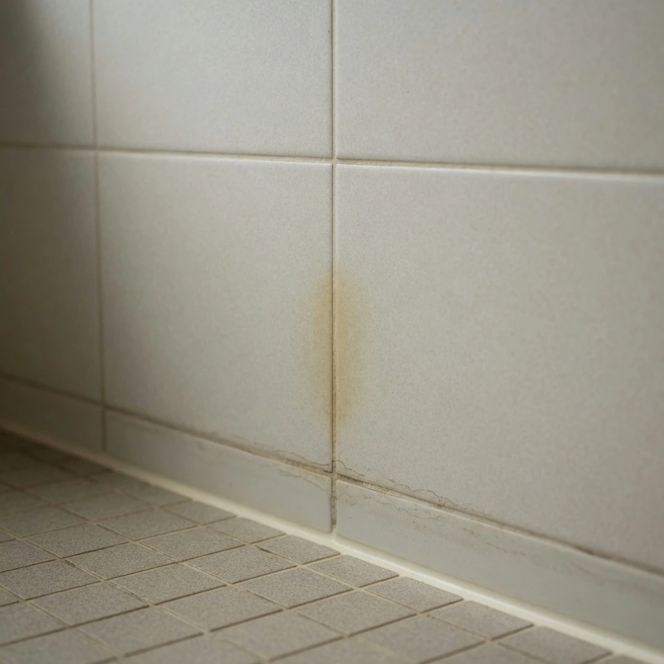 Subtle traces of past water seepage on a bathroom wall in a Singapore home, photographed in soft natural light.