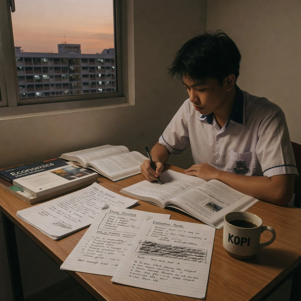 A Singapore JC student thoughtfully reviewing Economics essay notes at a desk, capturing the reflective process of refining structure, application, and evaluation for A-Level exams.